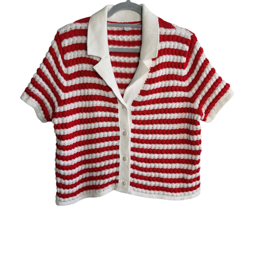 Red White Stripe Bubble Knit Collared Button Front Crop Top Short Sleeve L Petit